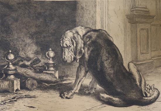 Briton Riviere, after Herbert Dicksee (1862-1942), drypoint etching, Bloodhound beside the hearth, 13 x 18.5in., unframed